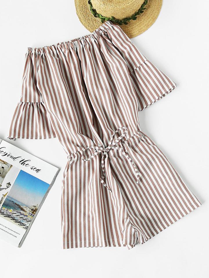 Romwe Bardot Fluted Sleeve Striped Drawstring Waist Romper