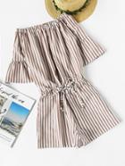 Romwe Bardot Fluted Sleeve Striped Drawstring Waist Romper