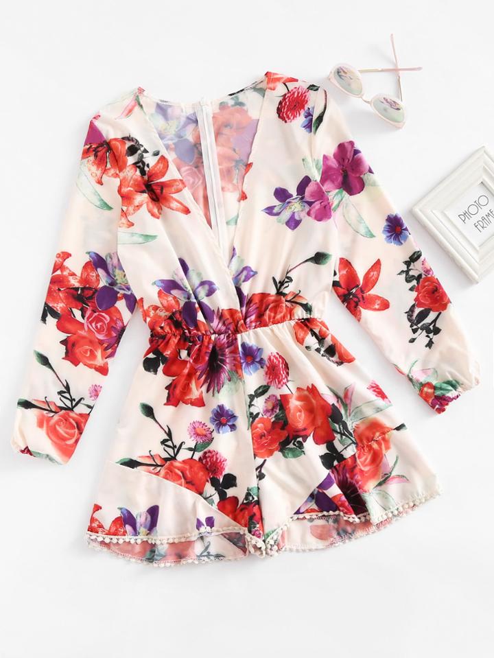 Romwe Plunging V-neckline Floral Print Random Surplice Frill Romper