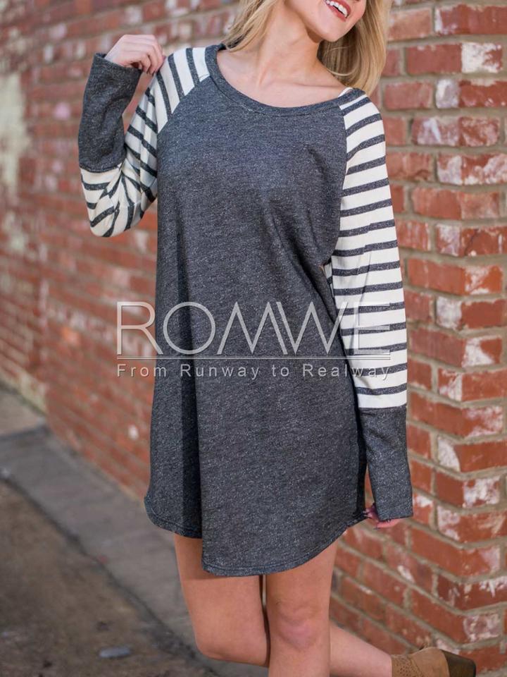 Romwe Grey Contrast Raglan Striped Sleeve Dress