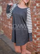 Romwe Grey Contrast Raglan Striped Sleeve Dress