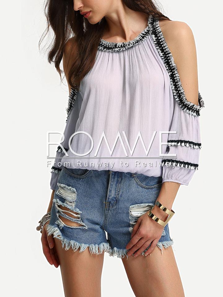 Romwe White Cold Shoulder Crochet Trim Blouse