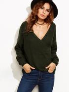 Romwe Olive Green Drop Shoulder Crossover Wrap Sweater