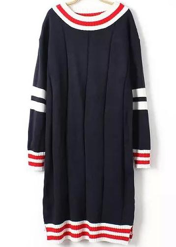 Romwe Navy Round Neck Striped Sweater Dress