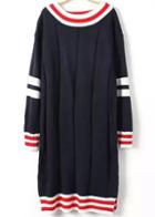 Romwe Navy Round Neck Striped Sweater Dress