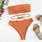 Romwe Plus Lace-up Bandeau With High Cut Bikini Set