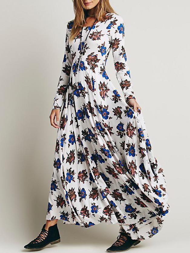 Romwe Long Sleeve Flower Print Maxi White Dress