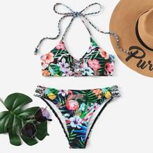 Romwe Random Tropical Braided Detail Ladder Cut-out Bikini Set