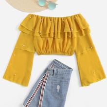 Romwe Pearl Detail Ruffle Trim Off The Shoulder Blouse