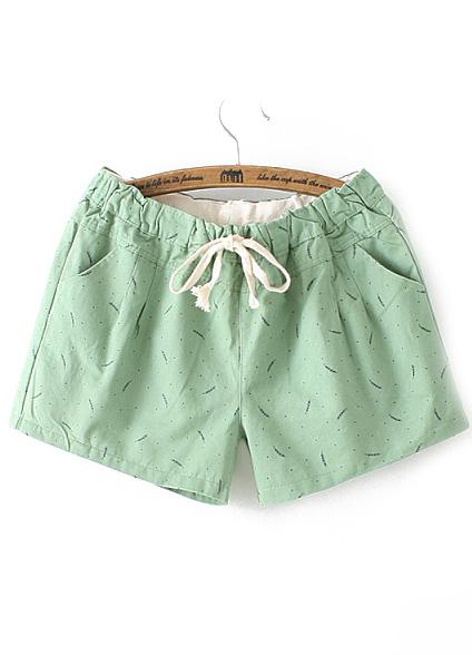 Romwe Drawstring Leaves Print Green Shorts