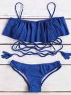 Romwe Blue Ruffle Tassel Tie Bikini Set