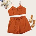 Romwe Plus Button Front Cami Top & Belted Shorts
