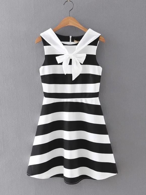 Romwe Black And White Stripe Bow Dress