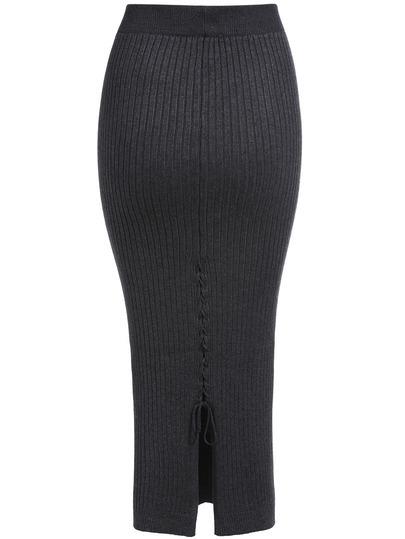 Romwe Grey Back Split Bandage Knit Skirt