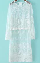 Romwe Long Sleeve Sheer Lace Embroidered Shift White Dress