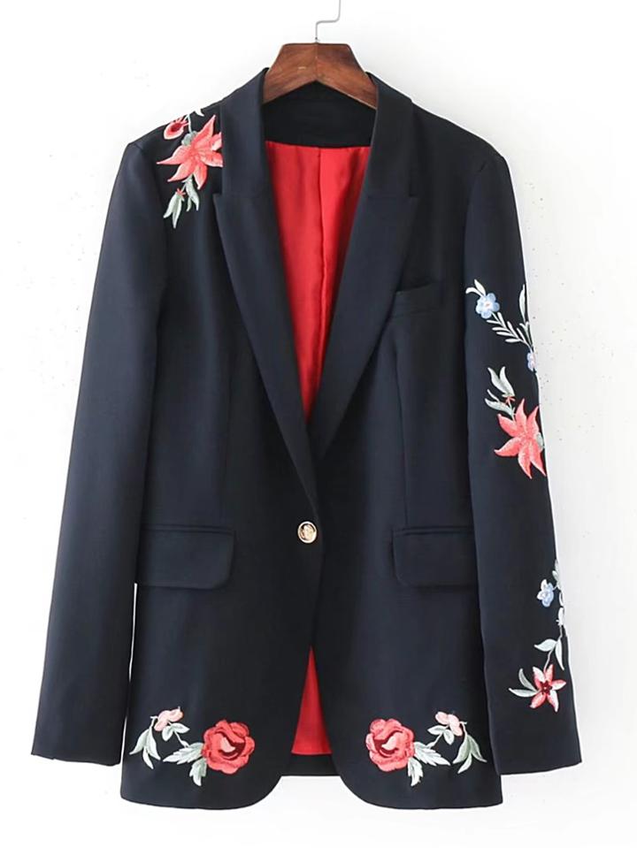 Romwe Flower Embroidered Single Button Blazer