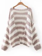 Romwe Coffee And White Stripe Slim Cardigan
