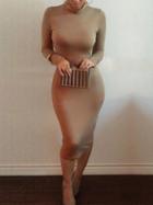 Romwe High Neck Tight Khaki Dress