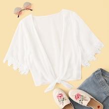 Romwe Contrast Lace Cuff Tie Front Blouse