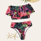 Romwe Random Tropical Flounce Top With High Waist Bikini Set
