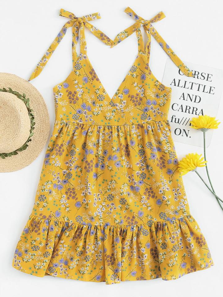 Romwe Calico Print Knot Shoulder Cami Dress