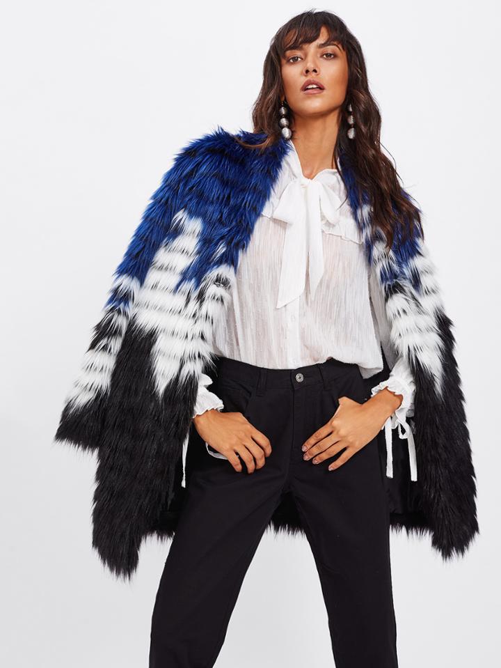 Romwe Color Block Faux Fur Open Front Coat