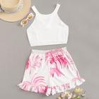 Romwe Shirred Crop Cami Top With Leaf Print Frill Shorts