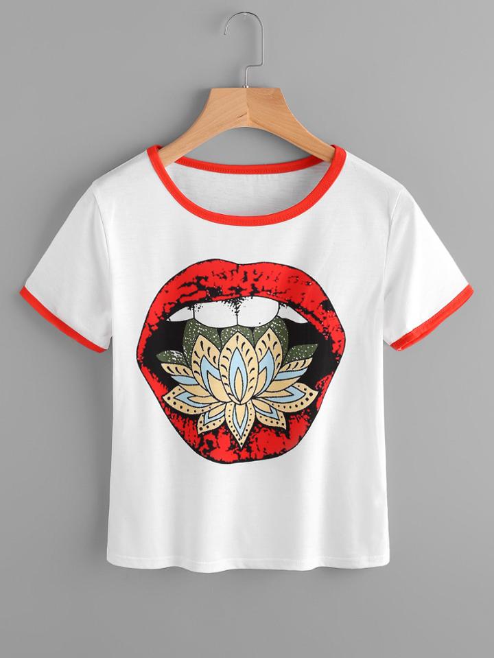Romwe Lips Print Ringer Tee