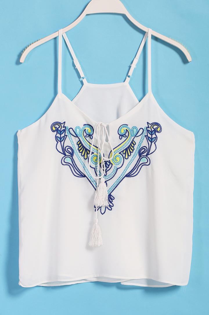 Romwe Spaghetti Strap Embroidered Bandage White Vest