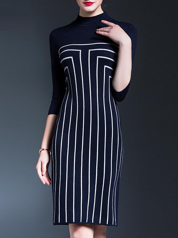 Romwe Navy Collar Striped Sheath Dress