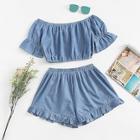 Romwe Off Shoulder Crop Top With Frill Hem Shorts