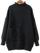 Romwe High Neck Loose Black Sweater With Pocket