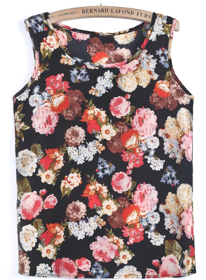 Romwe Sleeveless Floral Chiffon Vest