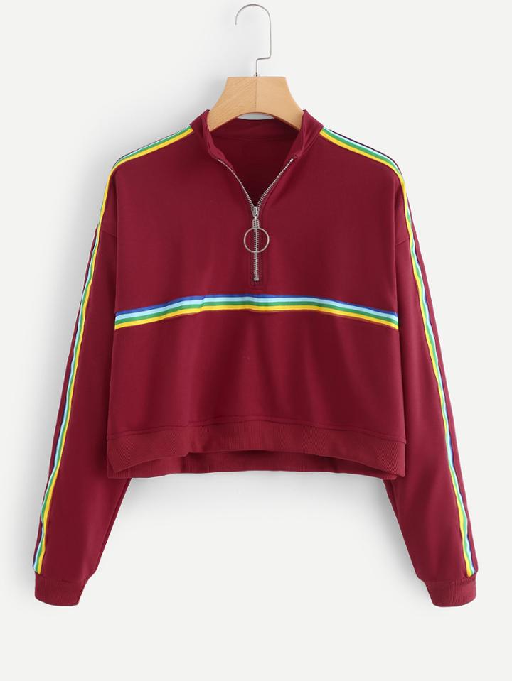 Romwe Striped Tape Zip Up Sweatshirt