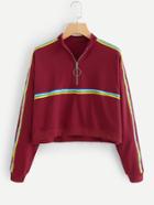 Romwe Striped Tape Zip Up Sweatshirt