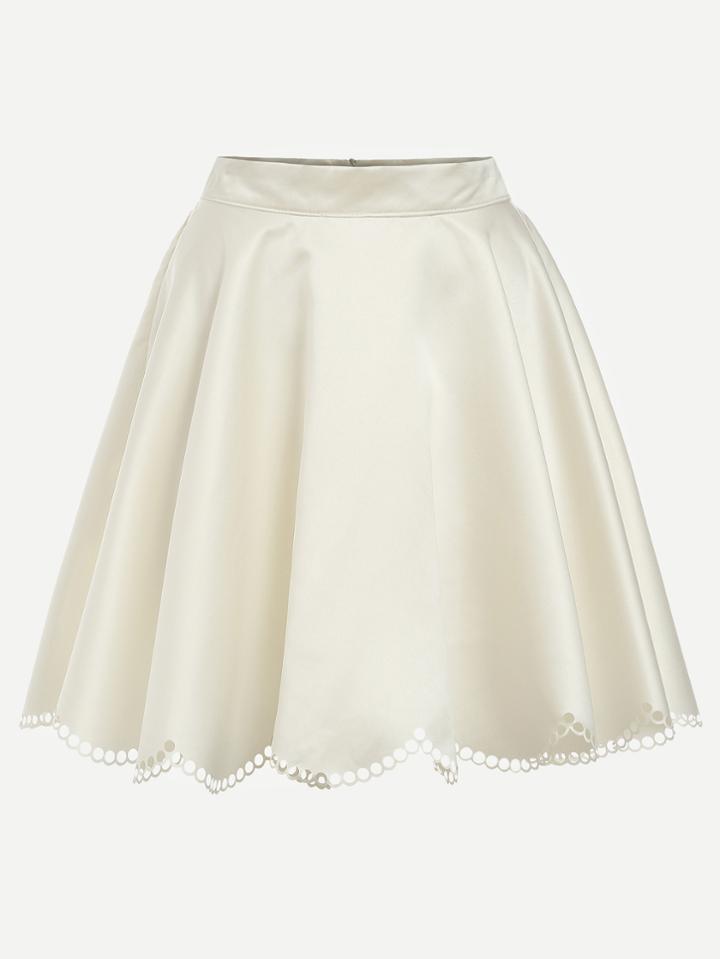 Romwe Beige Scalloped Hollow Hem Flare Skirt