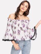 Romwe Contrast Lace Bardot Shirred Florals Top