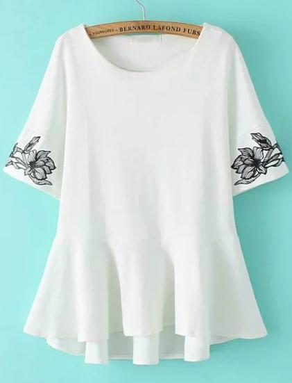 Romwe White Short Sleeve Ruffle Floral Blouse