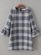 Romwe Navy Plaid Bell Sleeve Zipper Back Dress