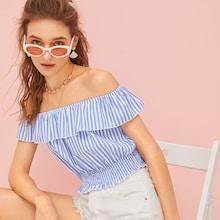 Romwe Striped Ruffle Trim Shirred Hem Blouse