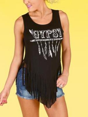Romwe Letter Print Fringe Tank Top - Black