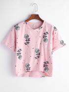 Romwe Pink Roses Print Dip Hem T-shirt