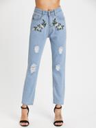 Romwe Floral Embroidered Destroyed Jeans