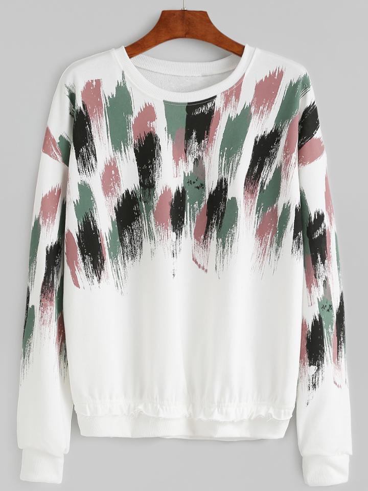 Romwe White Brush Print Long Sleeve Sweatshirt