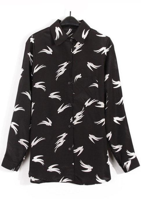 Romwe Lapel Swallows Print Blouse