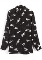 Romwe Lapel Swallows Print Blouse