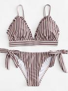 Romwe Frill Trim Striped Bikini Set