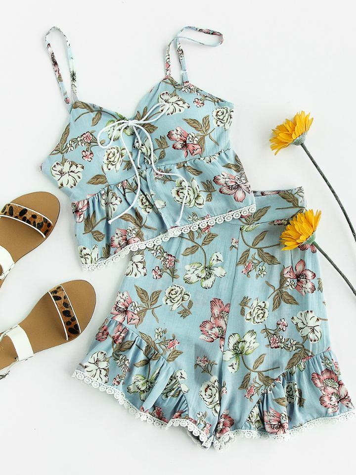Romwe Floral Print Random Lace Trim Cami Top With Frill Trim Shorts