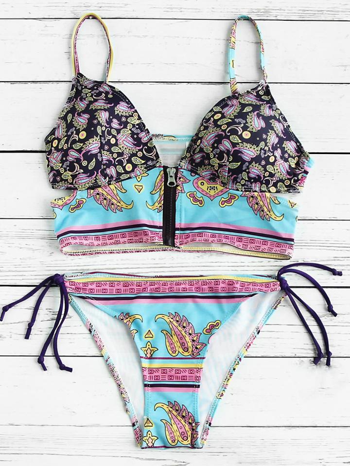 Romwe Mixed Printed Side Tie Zipper Up Bikini Set