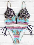 Romwe Mixed Printed Side Tie Zipper Up Bikini Set